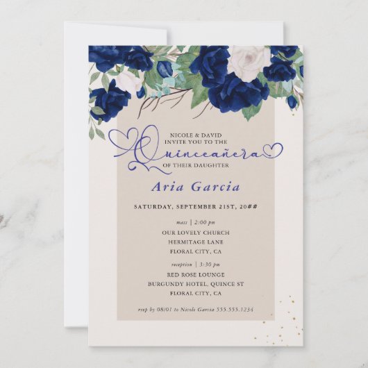 Royal Blue Ivory Floral Rozen Quinceanera en Mass Kaart (Voorkant)