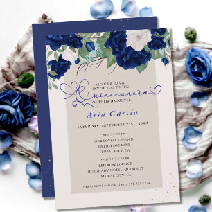 Royal Blue Ivory Floral Rozen Quinceanera en Mass Kaart
