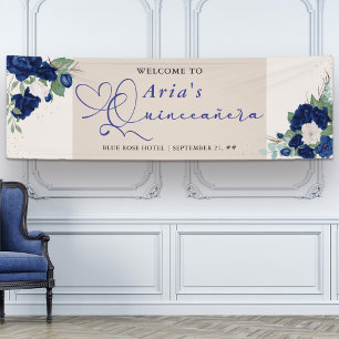 Royal Blue Ivory Floral Rozen Quinceanera Welkom Spandoek