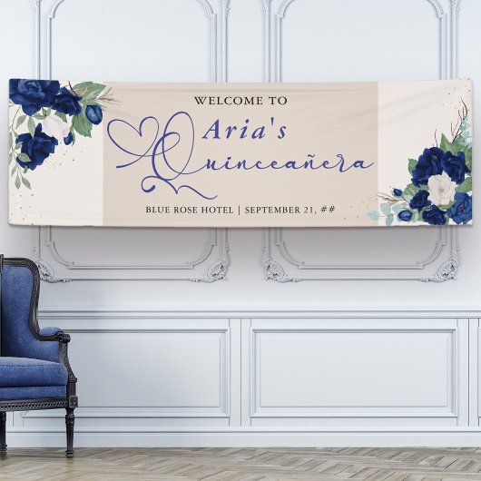Royal Blue Ivory Floral Rozen Quinceanera Welkom Spandoek
