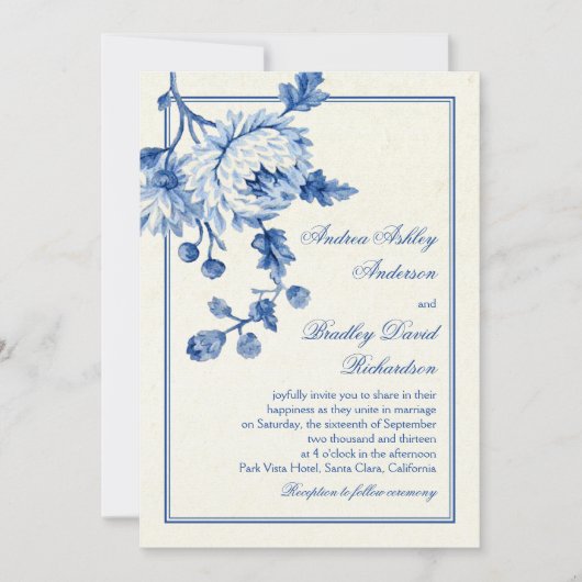 Royal Blue Ivory Toile Floral Wedding Kaart (Voorkant)