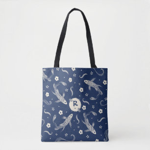 Royal Blue Japans Koi Design Tote Bag