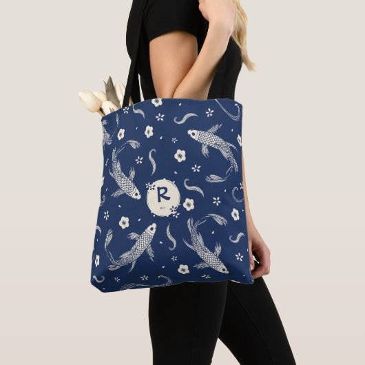 Royal Blue Japans Koi Design Tote Bag (Dichtbij)