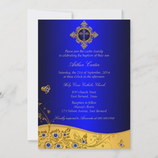 Royal Blue Jewel Floral & Cross Baptisme Kaart (Voorkant)