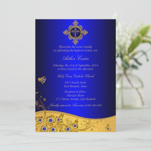 Royal Blue Jewel Floral & Cross Baptisme Kaart (Staand voorkant)