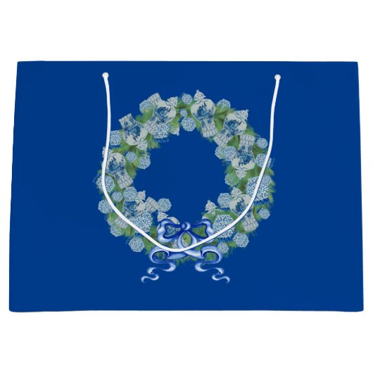 Royal Blue KerstChinoiserie Wreath Groot Cadeauzakje (Voorkant)