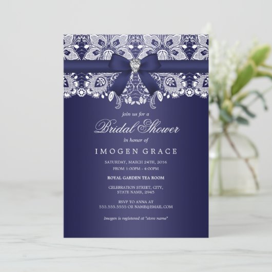 Royal Blue Lace & Bow Vrijgezellenfeest Kaart (Staand voorkant)