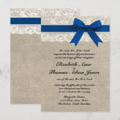 Royal Blue Lace & Burlap Wedding Invite 2 Kaart (Voorkant / Achterkant)