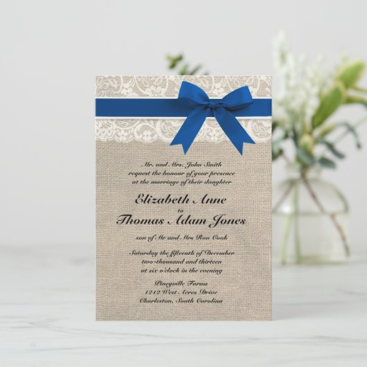 Royal Blue Lace & Burlap Wedding Invite 2 Kaart (Staand voorkant)