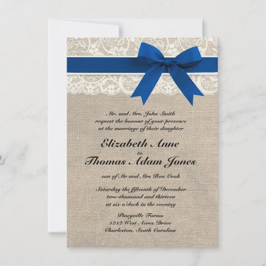 Royal Blue Lace & Burlap Wedding Invite 2 Kaart (Voorkant)