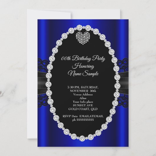 Royal Blue Lace Diamond Heart Foto Birthday Party Kaart (Achterkant)