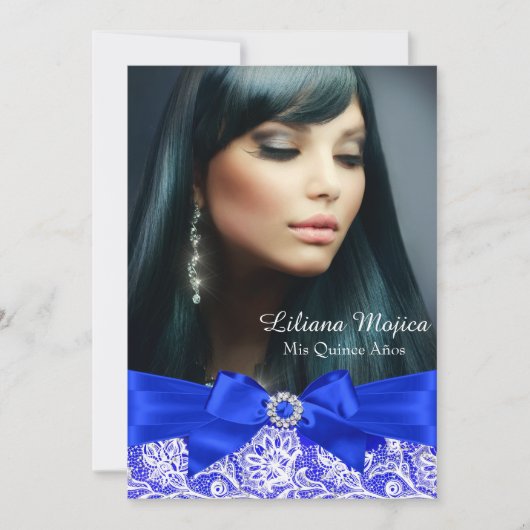 Royal Blue Lace en Jewel Bow Quinceanera Kaart (Voorkant)