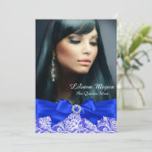 Royal Blue Lace en Jewel Bow Quinceanera Kaart (Staand voorkant)