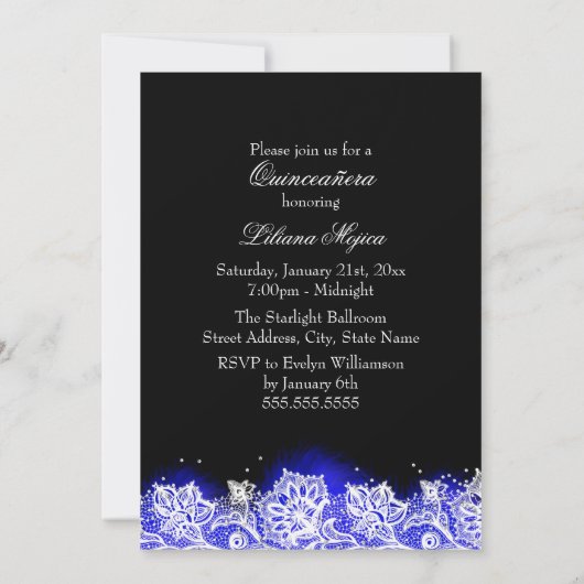 Royal Blue Lace en Jewel Bow Quinceanera Kaart (Achterkant)