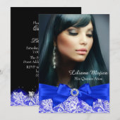 Royal Blue Lace en Jewel Bow Quinceanera Kaart (Voorkant / Achterkant)