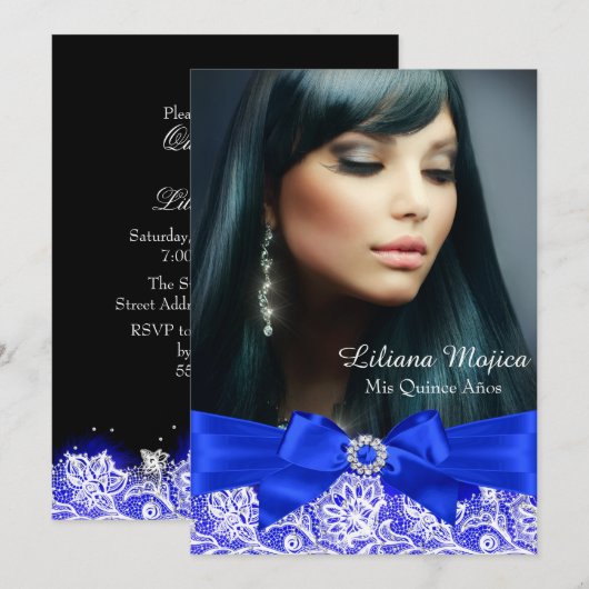 Royal Blue Lace en Jewel Bow Quinceanera Kaart (Voorkant / Achterkant)