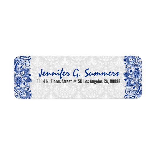 Royal Blue Lace en White Floral Damaskers Etiket (Voorkant)