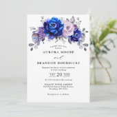 Royal Blue Lila Paars Floral Wedding Kaart (Staand voorkant)