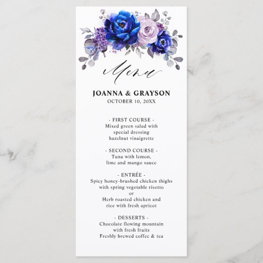 Royal Blue Lila Paars Floral Wedding Menu (Voorkant)