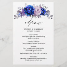 Royal Blue Lila Paars Floral Wedding Menu
