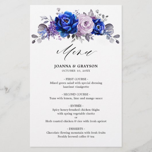 Royal Blue Lila Paars Floral Wedding Menu (Voorkant)