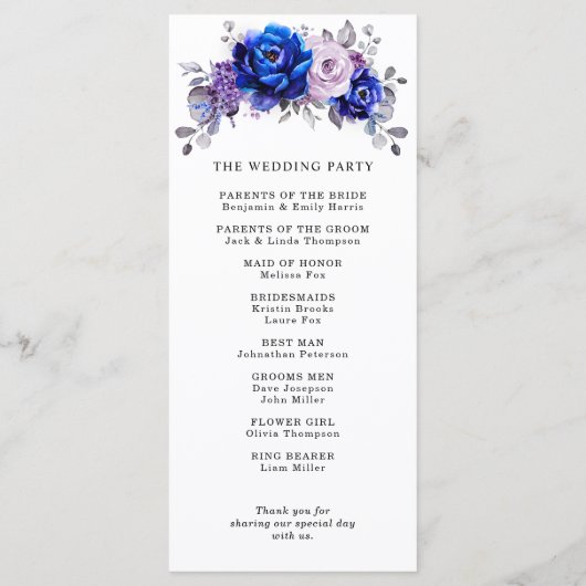 Royal Blue Lila Paars Floral Wedding Programmakaart (Achterkant)
