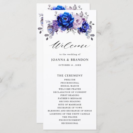Royal Blue Lila Paars Floral Wedding Programmakaart (Voorkant / Achterkant)