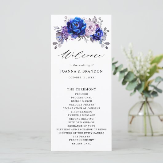 Royal Blue Lila Paars Floral Wedding Programmakaart (Staand voorkant)