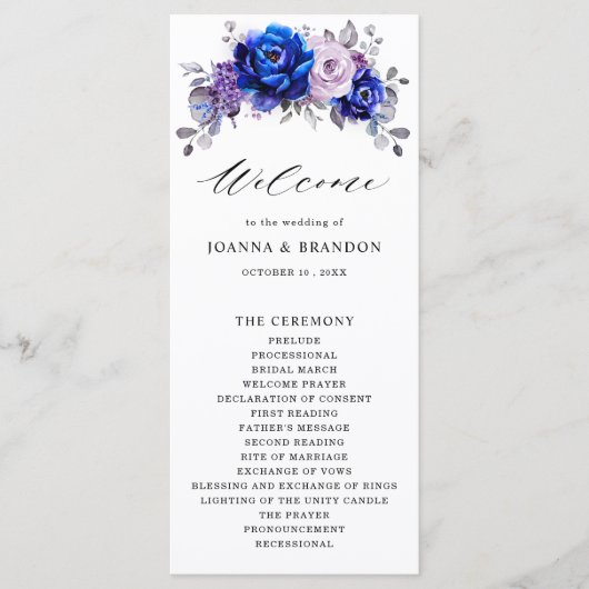 Royal Blue Lila Paars Floral Wedding Programmakaart (Voorkant)