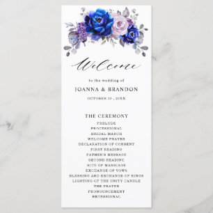 Royal Blue Lila Paars Floral Wedding Programmakaart