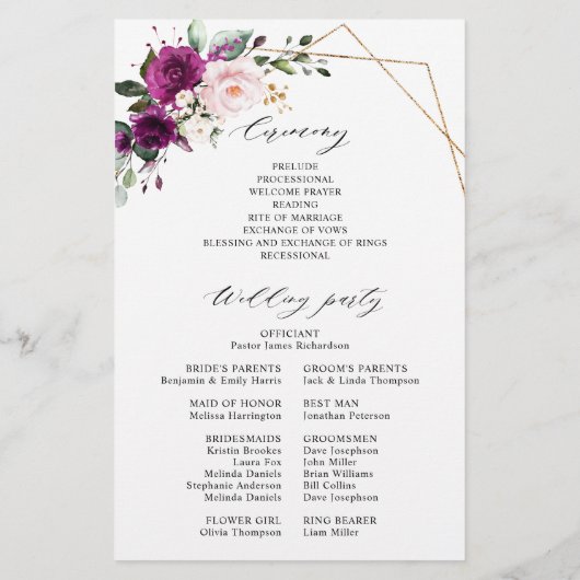 Royal Blue Lila Paars Floral Wedding Programme (Achterkant)