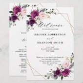 Royal Blue Lila Paars Floral Wedding Programme (Voorkant / Achterkant)