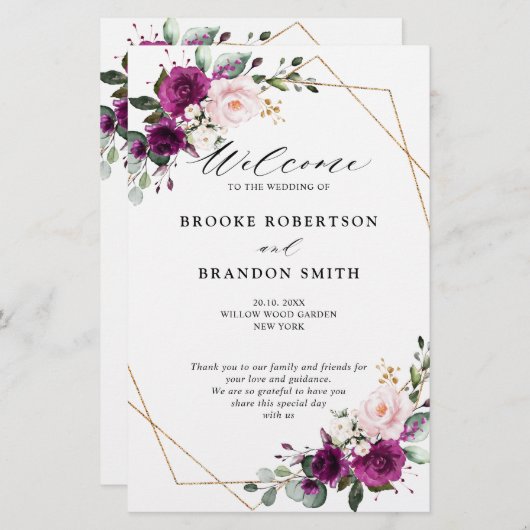 Royal Blue Lila Paars Floral Wedding Programme (Voorkant / Achterkant)