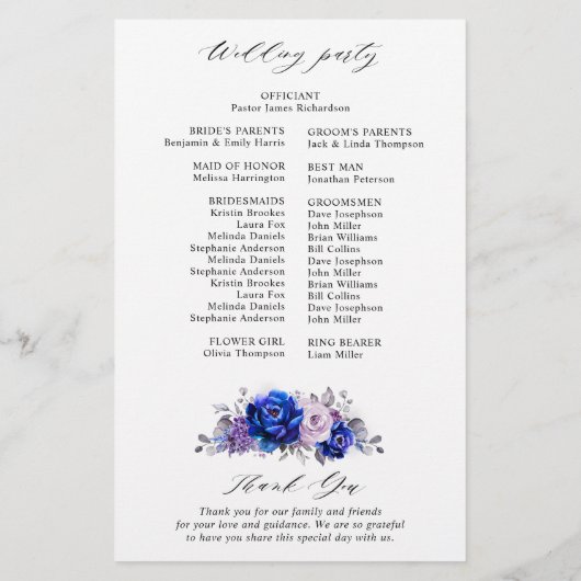 Royal Blue Lila Paars Floral Wedding Programme (Achterkant)