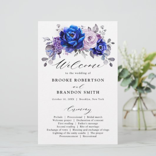 Royal Blue Lila Paars Floral Wedding Programme (Staand voorkant)