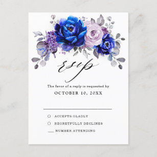 Royal Blue Lila Paars Floral Wedding RSVP Briefkaart