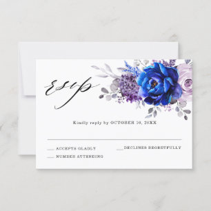 Royal Blue Lila Paars Floral Wedding RSVP-kaart RSVP Kaartje