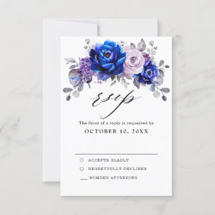 Royal Blue Lila Paars Floral Wedding RSVP-kaart RSVP Kaartje