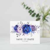 Royal Blue Lila Paarse Bloemen Bewaar de Datum Briefkaart (Staand voorkant)