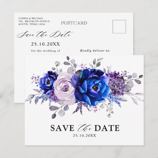 Royal Blue Lila Paarse Bloemen Bewaar de Datum Briefkaart (Voorkant / Achterkant)