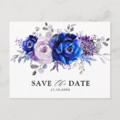 Royal Blue Lila Paarse Bloemen Bewaar de Datum Briefkaart (Voorkant)