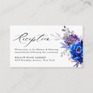 Royal Blue Lila Paarse Bloemen Huwelijksreceptie Informatiekaartje