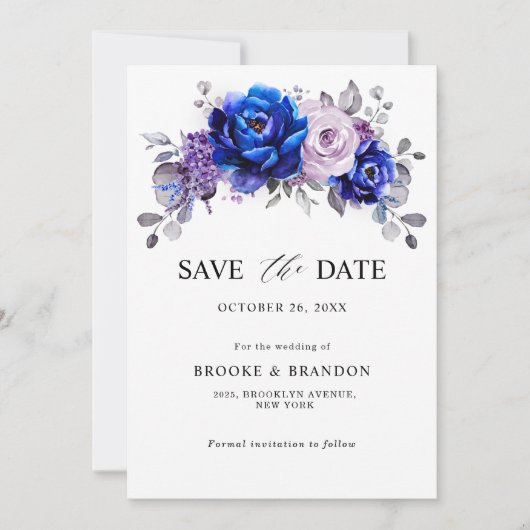 Royal Blue Lila Paarse bloemen sparen de datum Save The Date (Voorkant)