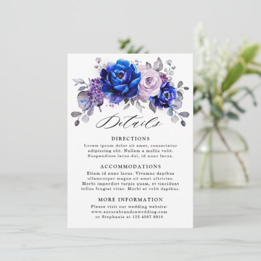 Royal Blue Lila Paarse Bloemen Wedding Details Informatiekaartje (Staand voorkant)