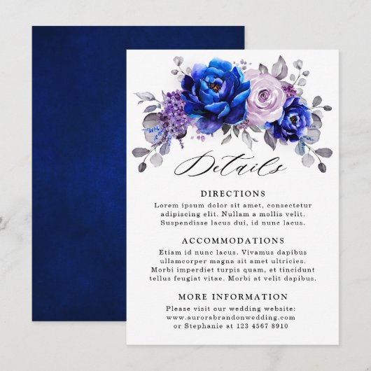 Royal Blue Lila Paarse Bloemen Wedding Details Informatiekaartje (Voorkant / Achterkant)