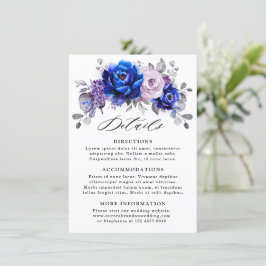 Royal Blue Lila Paarse Bloemen Wedding Details Informatiekaartje