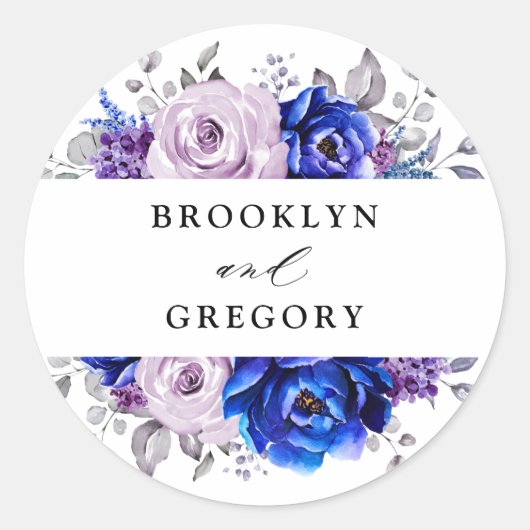 Royal Blue Lila Paarse bloemenvelop Classic RO Ronde Sticker (Voorkant)