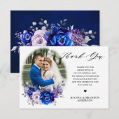 Royal Blue Lila Paarse Floral Wedd Dank u kaart (Voorkant / Achterkant)
