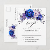 Royal Blue Lila Paarse Floral Wedding RSVP Briefkaart (Voorkant / Achterkant)