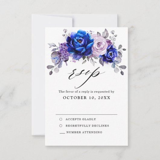 Royal Blue Lila Paarse Floral Wedding RSVP Kaart (Voorkant)